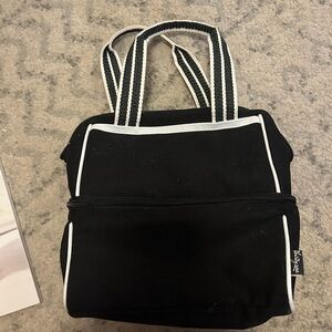 thirty-one Black Canvas Tote with White Piping and Striped Handles
